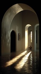 Obraz premium Arched hallway bathed in warm, patterned sunlight