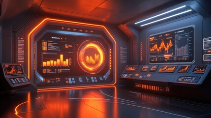 futuristic data analysis room with several large screens with graphs and data visualisation for technology blogs,financial websites and big data concepts.