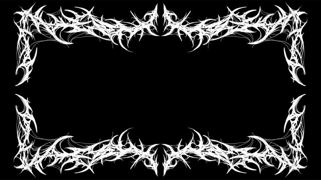 Cyber gothic Tribal frame design with sharp, symmetrical white thorns on black background, perfect for dark art and gothic projects