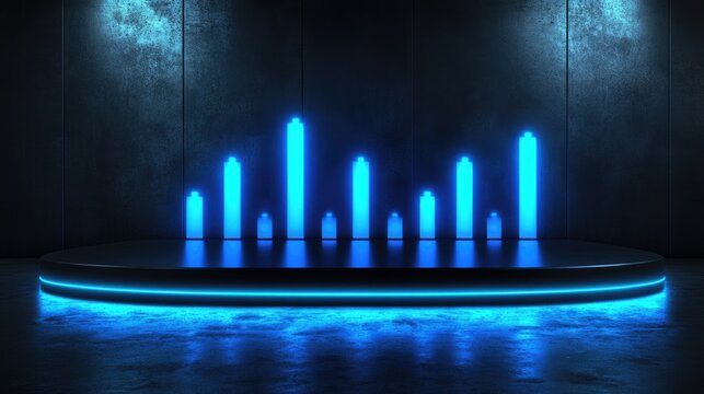 A neon blue light display on a dark platform. Useful for tech, gaming, or music blogs/sites needing a modern, glowing visual element.