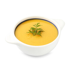 Delicious lentil cream soup with dill in bowl isolated on white