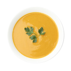 Delicious lentil cream soup with parsley in bowl isolated on white, top view