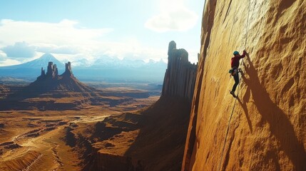 Rock climber scaling steep desert cliff with scenic canyon landscape below.