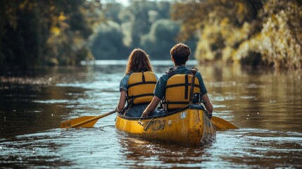 Couple kayaking on a serene river