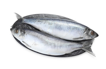 Salted herrings on white background, top view