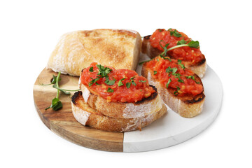 Tasty bread with tomato and parsley isolated on white