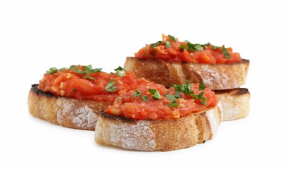 Tasty bread with tomato and parsley isolated on white