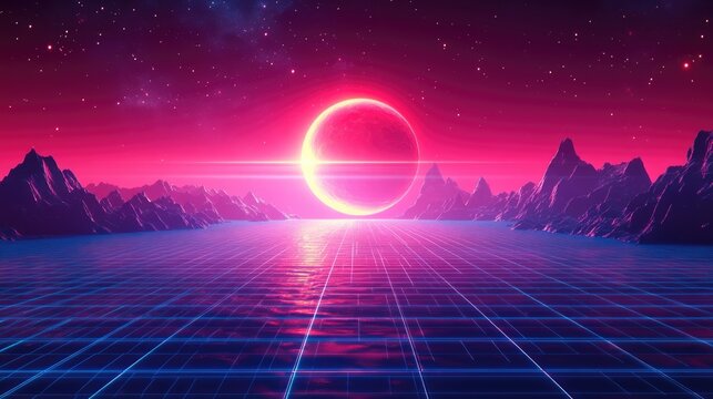 A retrowave digital art scene with a neon sun/planet eclipse over a laser grid ocean and mountains, great for gaming, music, or technology websites or blogs.

