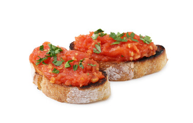 Tasty bread with tomato and parsley isolated on white