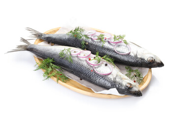 Tasty herrings with spices isolated on white