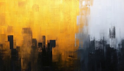 An abstract painting featuring vibrant golden hues contrasting with dark, textured elements, creating a dynamic urban skyline effect.