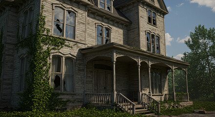 Fototapeta premium Weathered Abandoned Vintage House Exterior with Overgrown Ivy and Broken Windows in Daylight