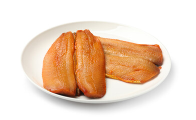 Delicious smoked herring fillets isolated on white