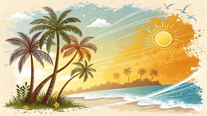 Obraz premium Tropical Paradise Watercolor: A vibrant watercolor painting captures a sun-drenched tropical beach scene, complete with swaying palm trees, a pristine shoreline, and the radiant sun.