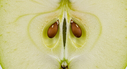 Detailed close-up of the fresh green apple center and seeds still inside