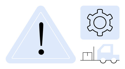 Large caution symbol, gear icon, and truck with cargo. Ideal for logistics, process management, risk, maintenance, supply chain, troubleshooting simple landing page