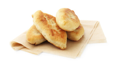 Delicious fried pyrizhky (stuffed pies) isolated on white