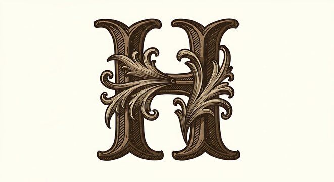 Ornate Letter H Illustration with Decorative Leaf Design