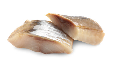 Pieces of delicious herring isolated on white