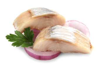 Pieces of delicious herring with onions and parsley isolated on white