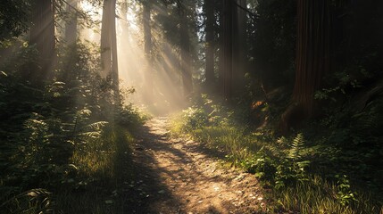 Obraz premium Sunlight Streaming Through Forest Trees Along a Hiking Trail Path