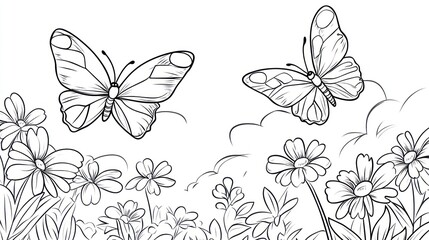 Black and white butterflies and flowers, nature scene, coloring book, kids, illustration