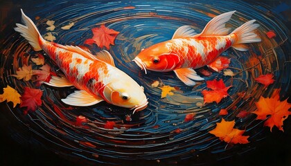 紅葉の中を泳ぐ鯉のアクリル絵の具風イラスト