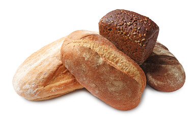 Different types of fresh bread isolated on white