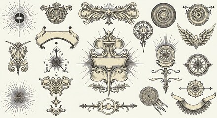 Engraved Decorative Elements Vintage Ornaments and Heraldic Designs