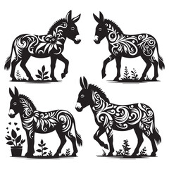 create four black donkey Silhouette Vector with white background