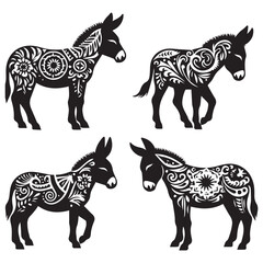 create four black donkey Silhouette Vector with white background