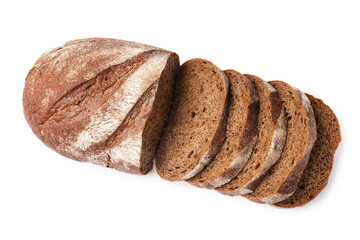 Pieces of fresh bread isolated on white, top view