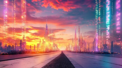 Surreal futuristic road through a matrix of binary buildings, representing big data travel