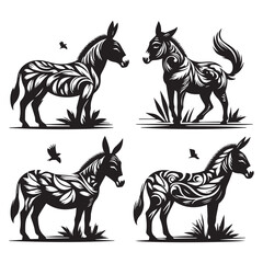 create four black donkey Silhouette Vector with white background