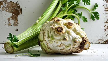 Obraz premium Fresh celery root and stalks on rustic white surface still life