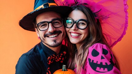 Happy young couple in halloween costumes posing with a pumpkin against an orange backdrop