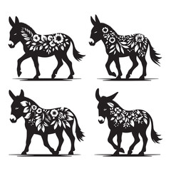 create four black donkey Silhouette Vector with white background