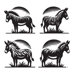 create four black donkey Silhouette Vector with white background
