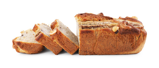 Cut banana bread with nuts isolated on white