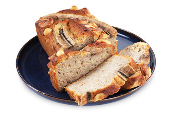 Cut banana bread with nuts isolated on white