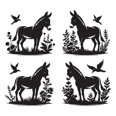 create four black donkey Silhouette Vector with white background