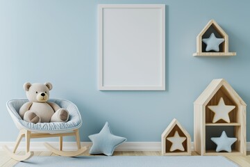 Cozy Child's Room with Bear Toy and Decorative Shelves in Blue