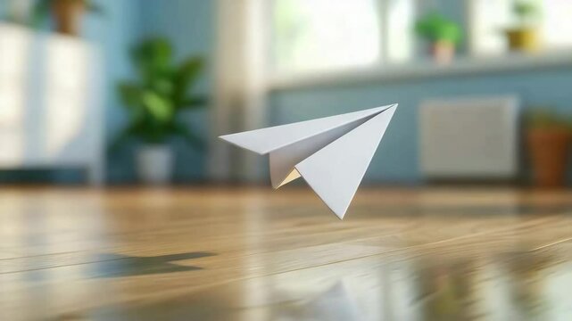 Paper Plane's Airborne Moment: A paper airplane gracefully levitates mid-flight, poised on the cusp of its journey, with a soft focus backdrop of home, symbolizing aspiration and freedom.