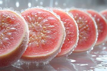 Slices of fresh guava coated in frost, arranged in a line on a reflective surface, showcasing a cool ambiance
