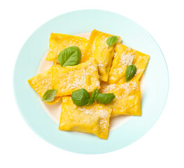 Delicious ravioli with cheese and basil on white background, top view