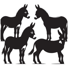 create four black donkey Silhouette Vector with white background