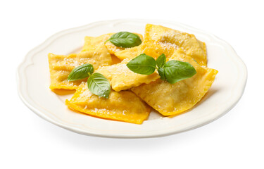 Delicious ravioli with cheese and basil on white background