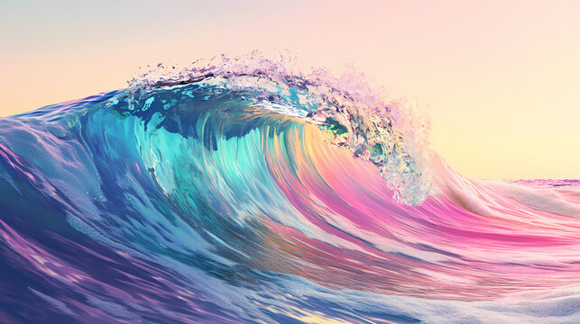 Prismatic rainbow wave with dynamic motion. vibrant multicolored ocean surge combines pink, blue, turquoise and green hues in a surreal and energetic composition. Psychedelic Surge. Illustration