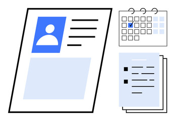 Profile sheet with photo and text, calendar with date marked, checklist on paper. Ideal for organization, planning, task management, documentation, productivity scheduling HR processes. Flat simple