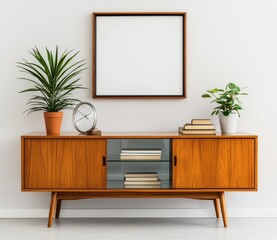 Fototapeta premium Modern Wooden Sideboard with Plants and Blank Frame on Wall